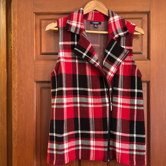 Chaps Plaid Zip Up 100% Cotton Sweater Vest Size L-Black/White/Red - Picture 1 of 7